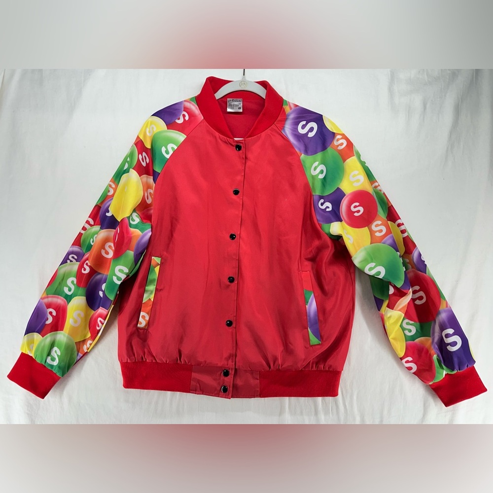 Skittles Bomber Jacket Novelty Snap Close Printed Sleeves Fleece Lined Mens M
